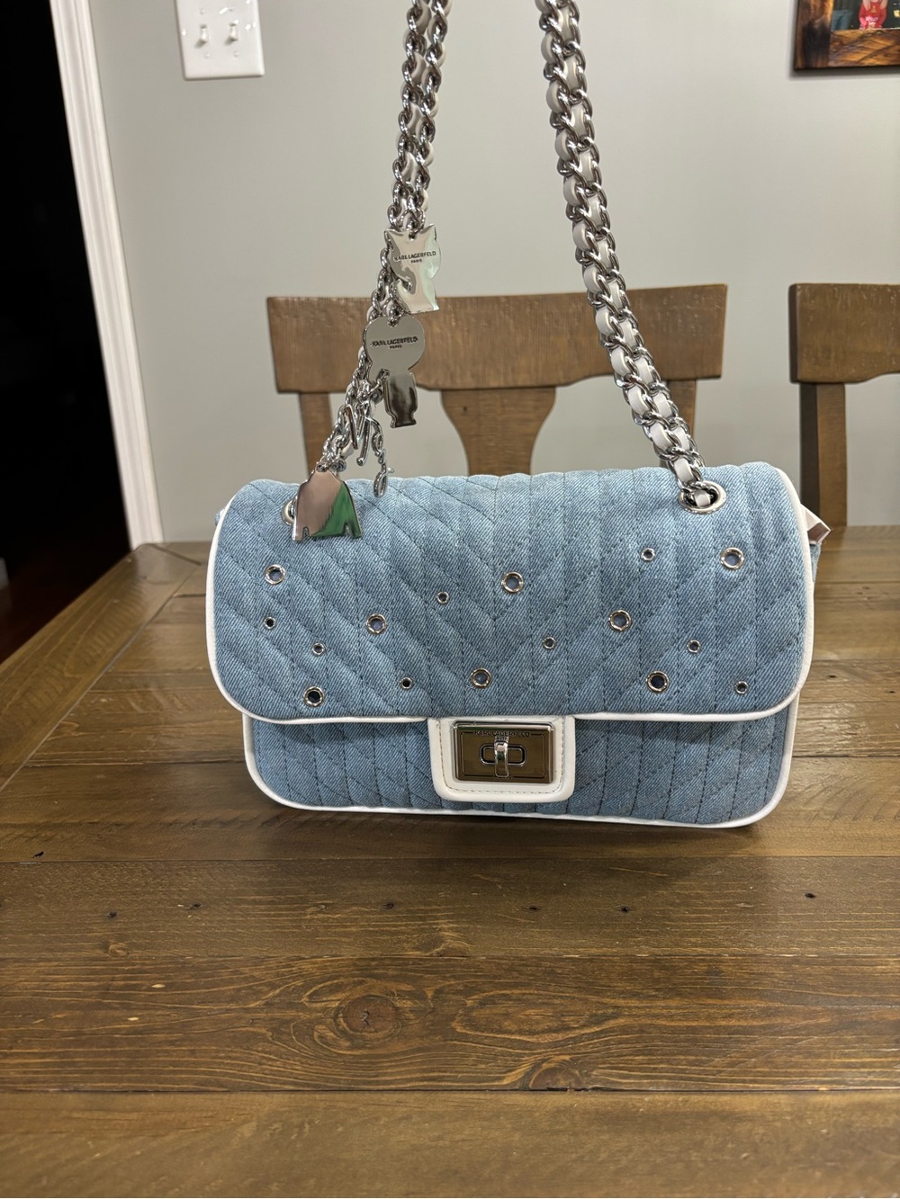 Karl Lagerfeld Agyness Light wash Denim Shoulder Bag - Picture 2 of 12